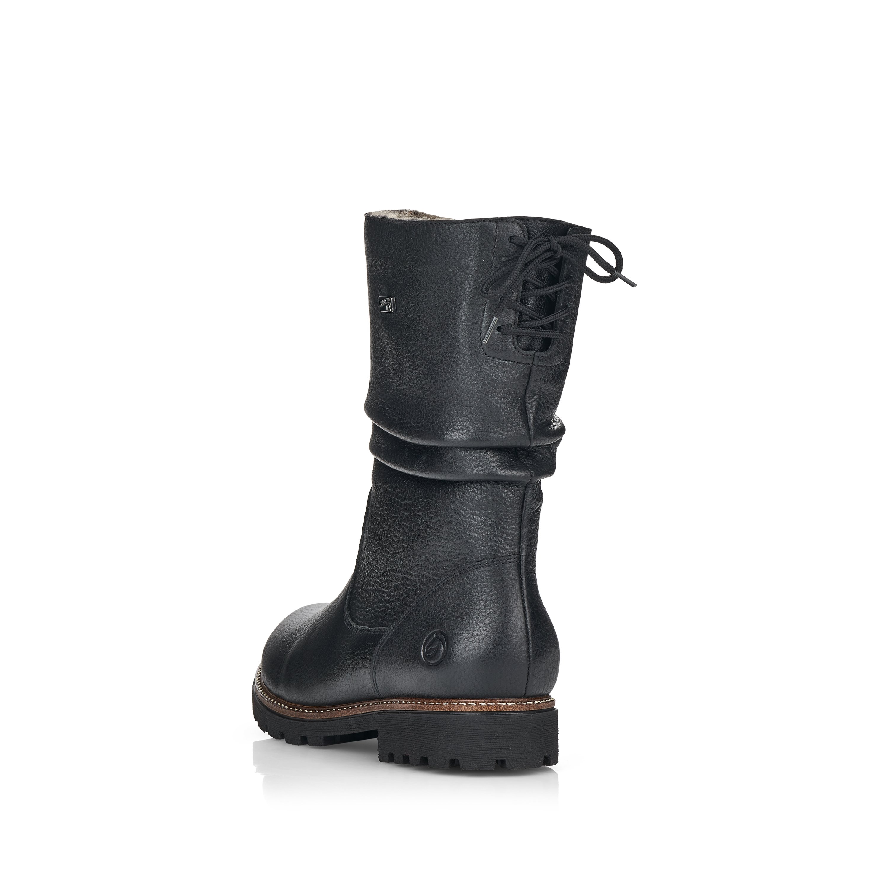 Black remonte women´s ankle boots D8477-01 with zipper as well as profile sole. Shoe from the back