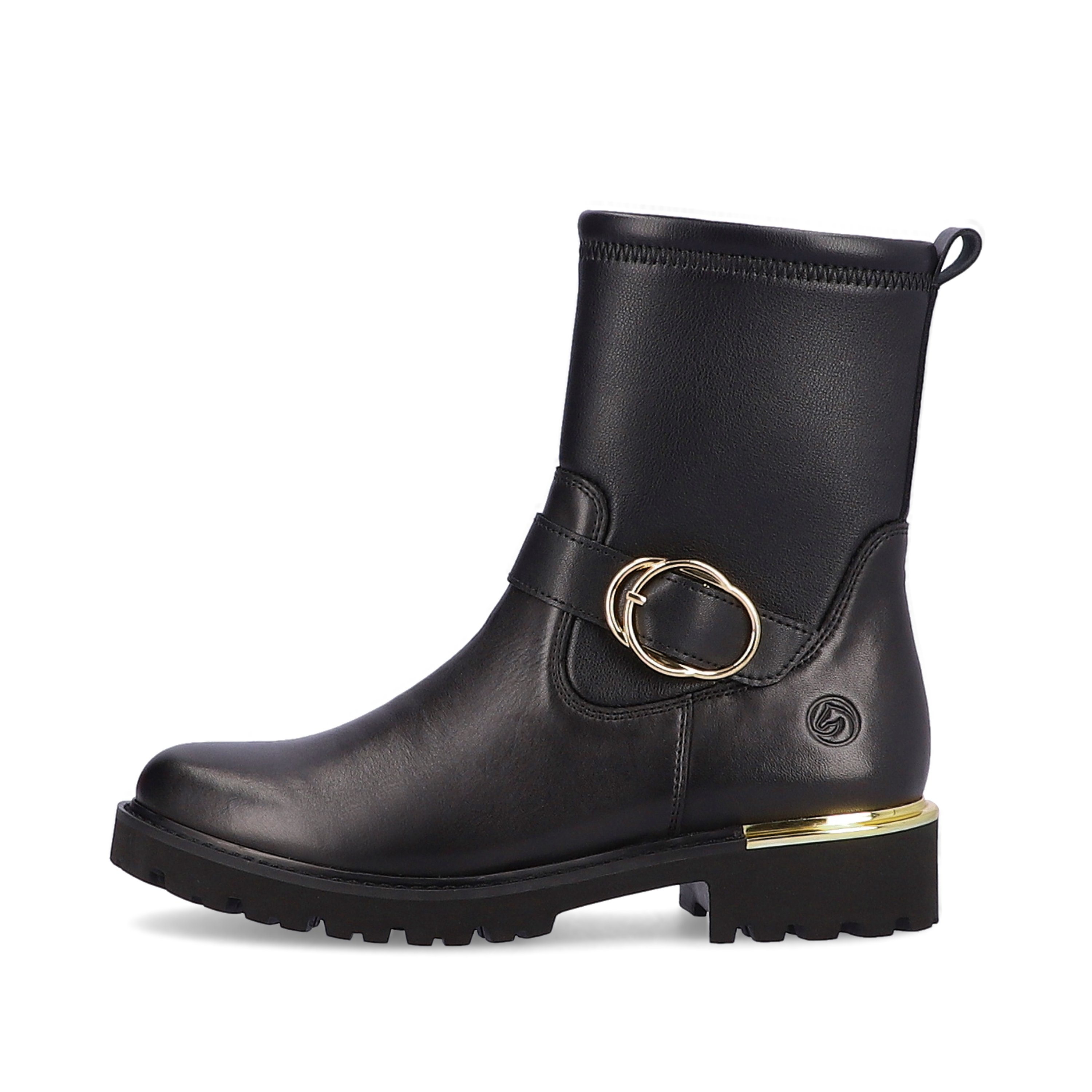 Night black remonte women´s biker boots D8666-01 with especially light sole. The outside of the shoe