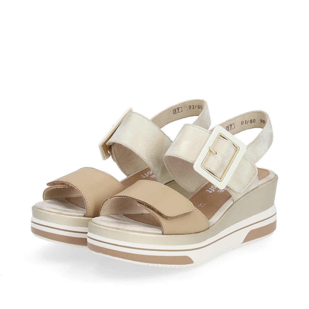 Beige remonte women´s wedge sandals D1P50-90 with hook and loop fastener. Shoes laterally.