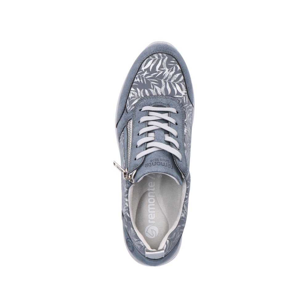 Blue remonte women´s sneakers D2401-10 with a zipper and tropical pattern. Shoe from the top.