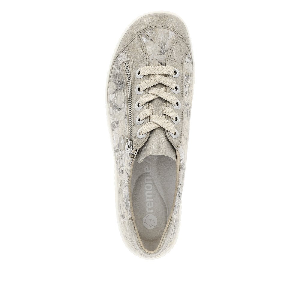 Beige remonte women´s lace-up shoes R1402-62 with a zipper and floral pattern. Shoe from the top.