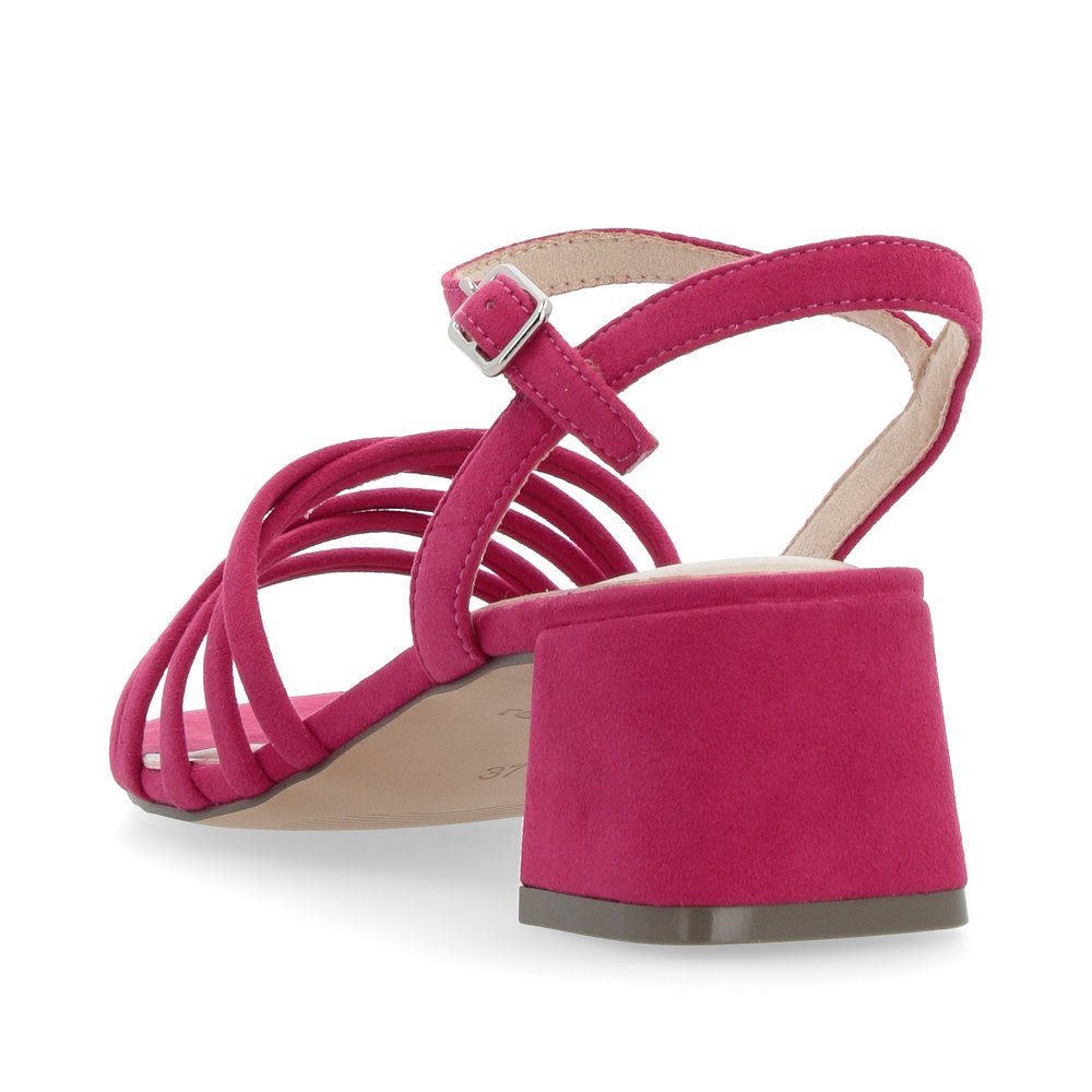 Pink vegan remonte women´s strap sandals D1L52-31 with buckle and soft cover sole. Shoe from the back.
