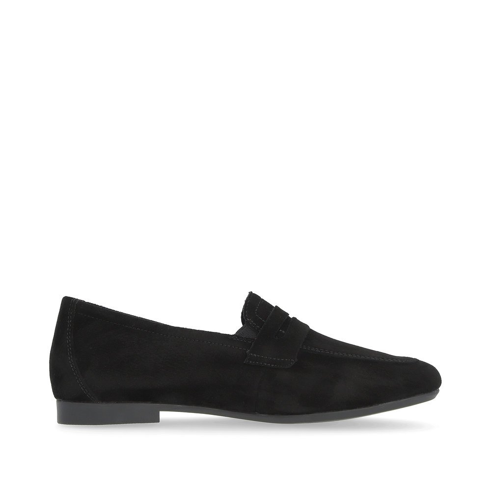 Night black remonte women´s loafers D0K02-00 with an elastic insert. Shoe inside.