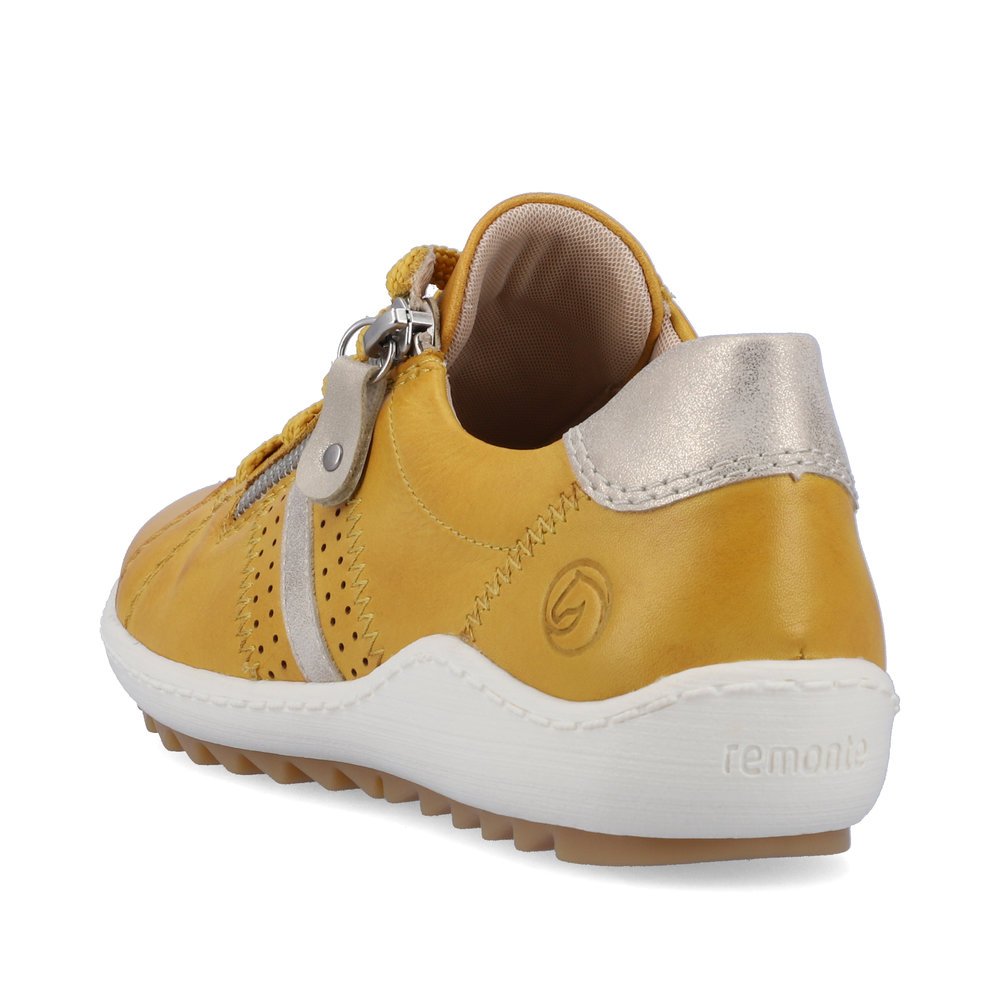 Yellow remonte women´s lace-up shoes R1432-68 with a zipper and holes on the side. Shoe from the back.