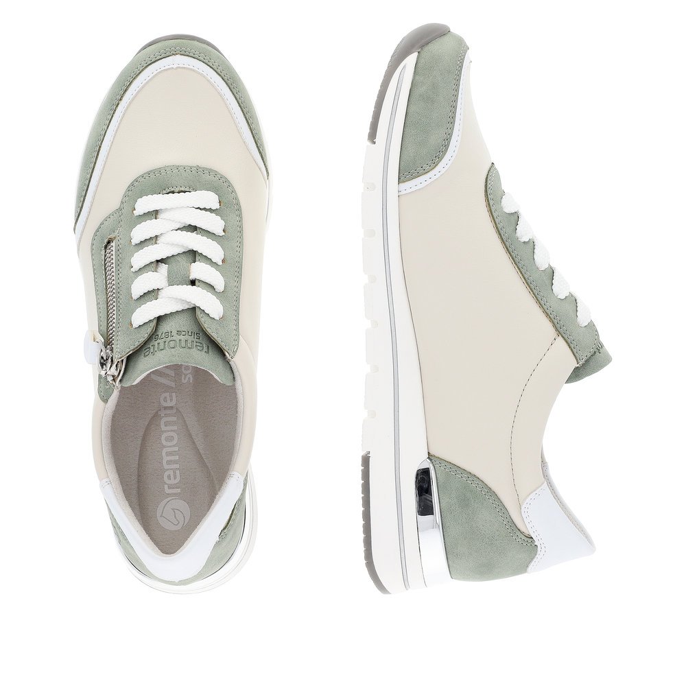 Beige vegan remonte women´s sneakers R6709-81 with a zipper and comfort width G. Shoe from the top, lying.