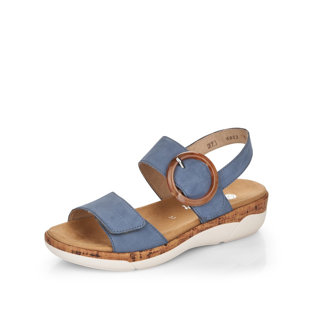 Ocean blue remonte women´s strap sandals R6853-14 with hook and loop fastener. Shoe laterally.