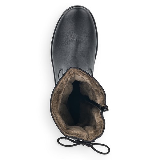 Schwarze Stiefeletten warm gefüttert aus Glattleder mit Reißverschluss und Wechselfußbett. Schuh von oben. 