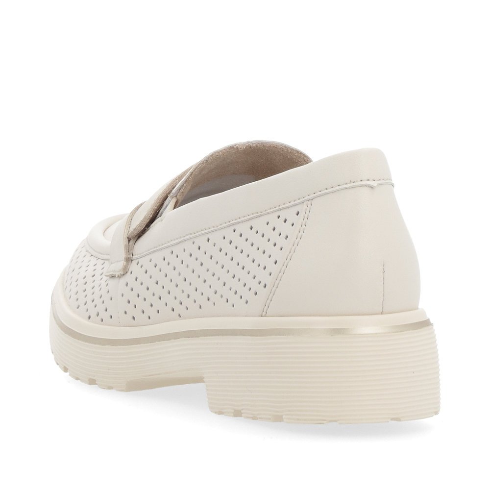Beige remonte women´s loafers D1H03-60 with elastic insert and perforated look. Shoe from the back.