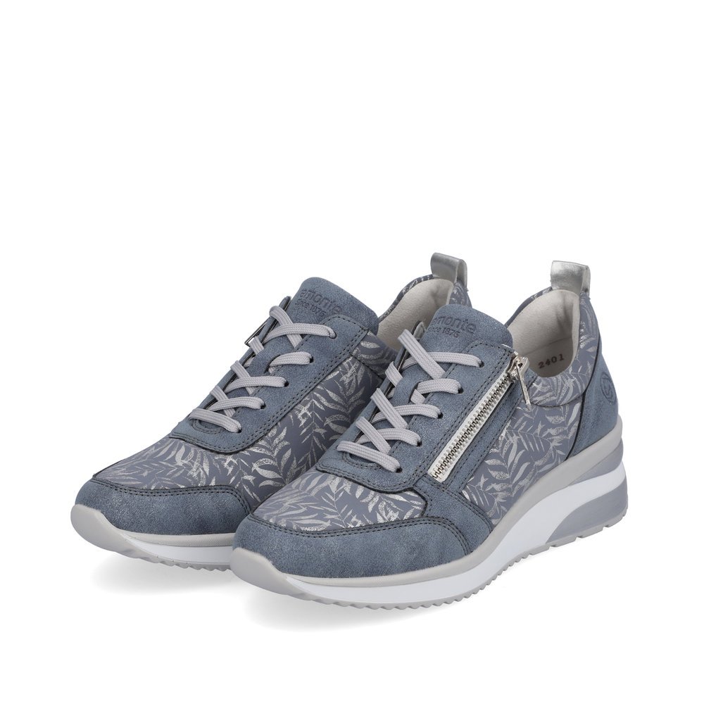 Blue remonte women´s sneakers D2401-10 with a zipper and tropical pattern. Shoes laterally.