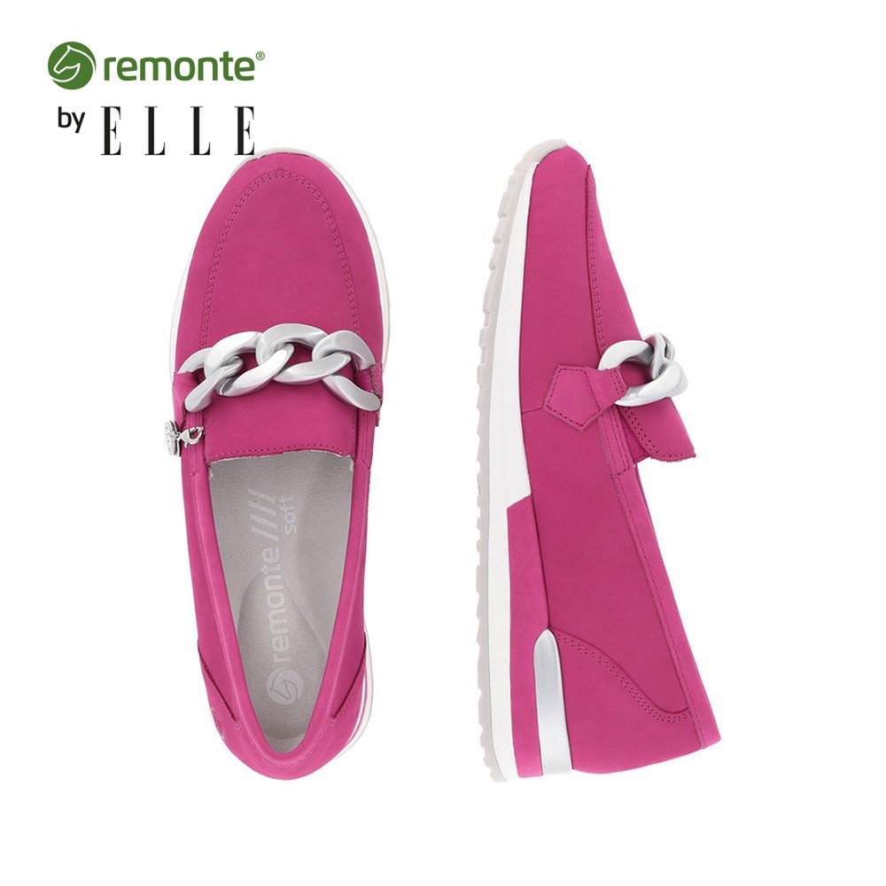 Pink remonte women´s loafers R2544-32 with silver chain. Shoe from the top, lying.