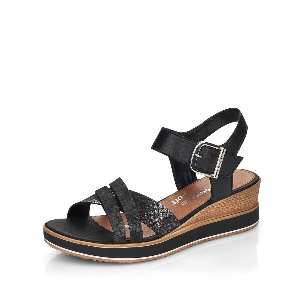 Jet black remonte women´s wedge sandals D6454-00 with a hook and loop fastener. Shoe laterally.