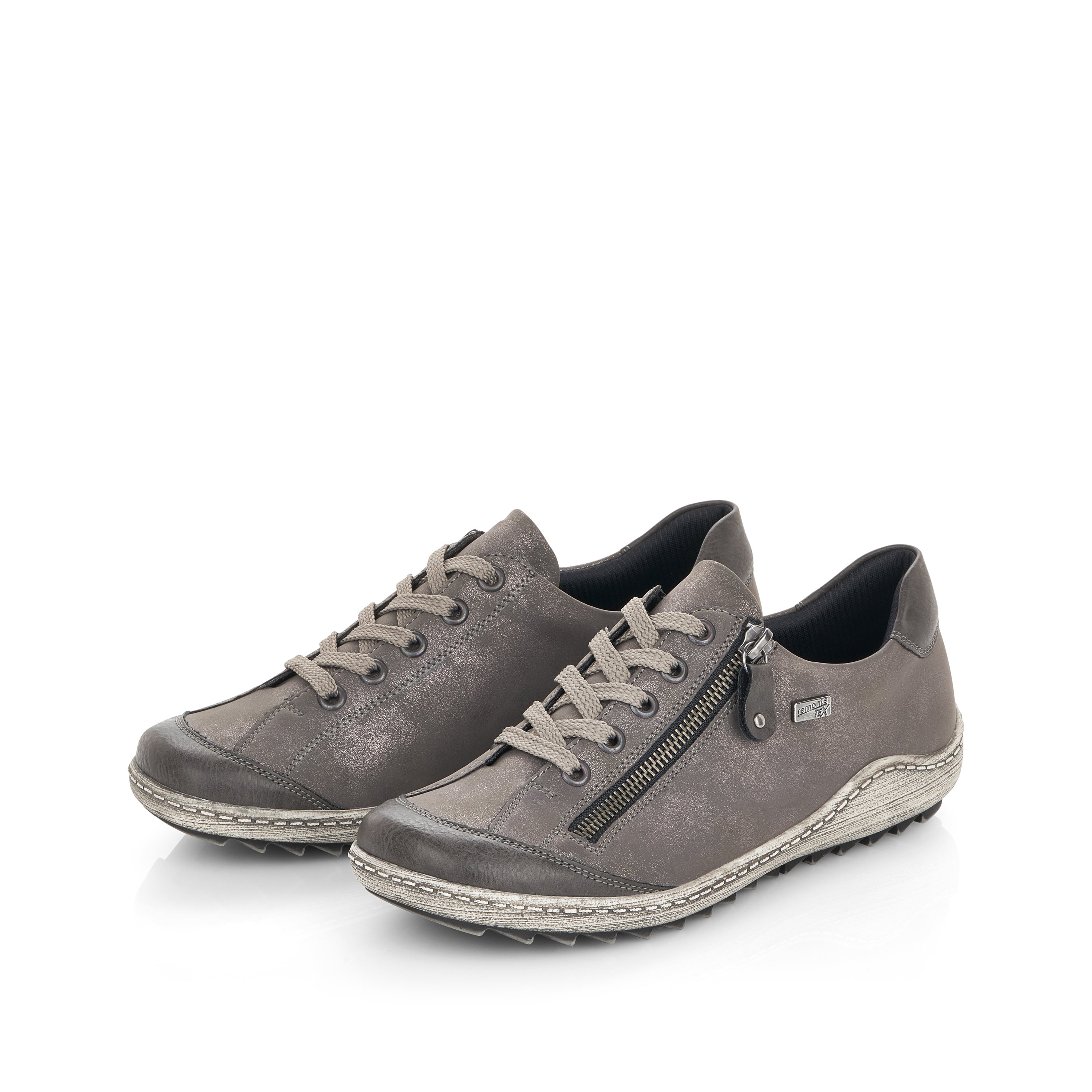 Silver grey remonte women´s lace-up shoes R1402-44 with flexible profile sole. Shoe laterally