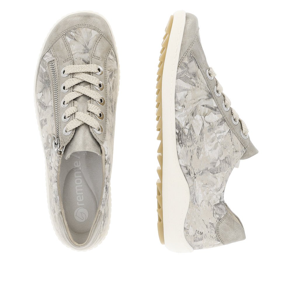 Beige remonte women´s lace-up shoes R1402-62 with a zipper and floral pattern. Shoe from the top, lying.