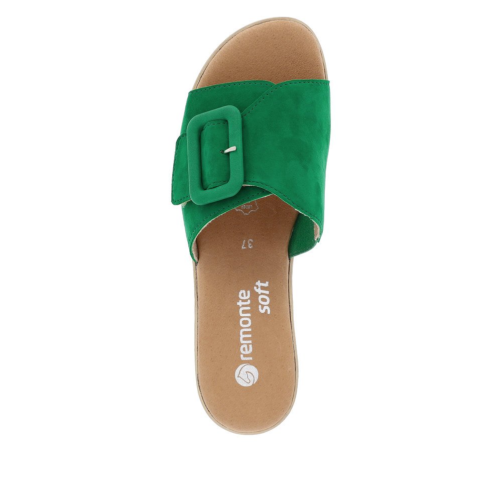 Emerald green remonte women´s mules D0N56-52 with hook and loop fastener. Shoe from the top.