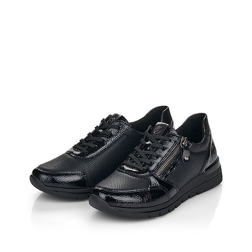 Schwarze Halbschuhe aus Lederimitat mit Reißverschluss und Schnürung und Wechselfußbett. Schuhe seitlich schräg. 