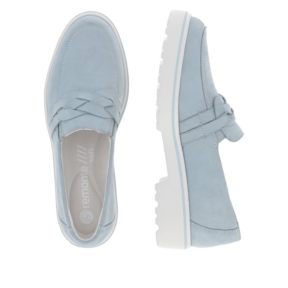 Blue remonte women´s loafers D1H01-12 with elastic insert and braided strap. Shoe from the top, lying.