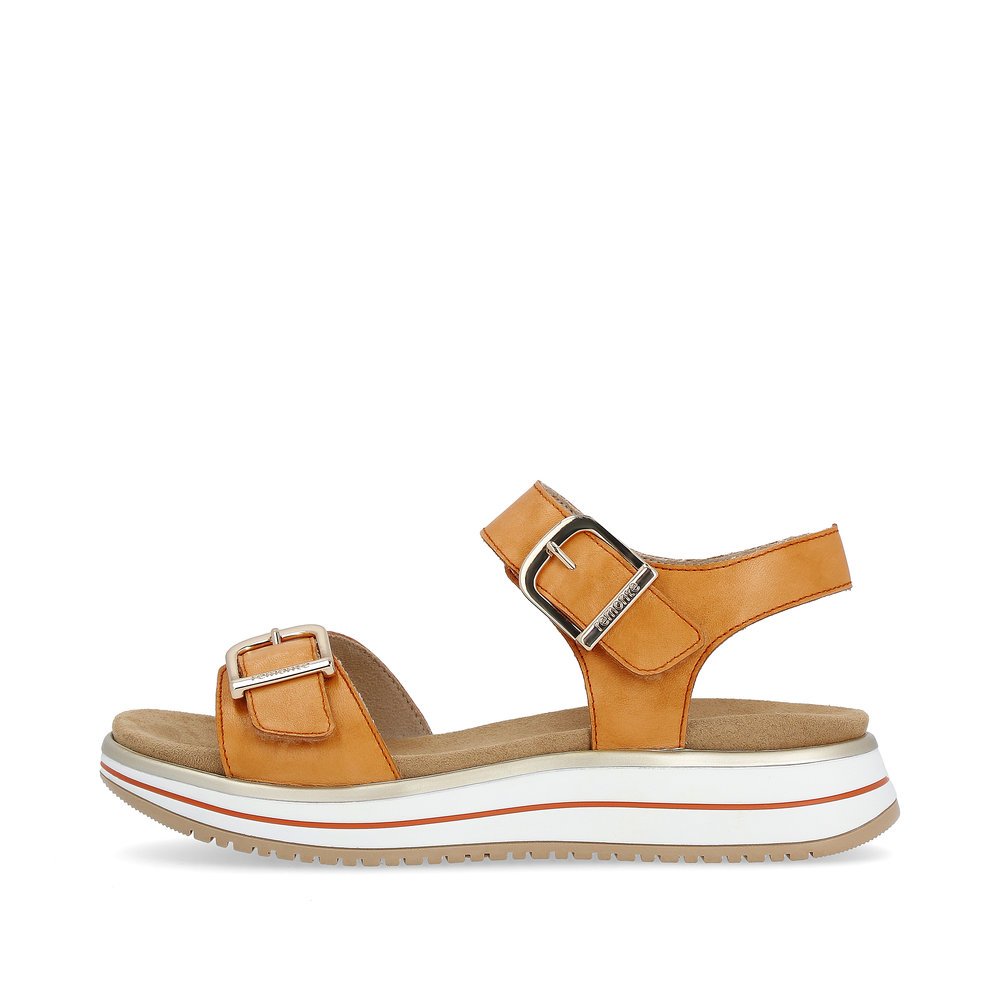 Saffron orange remonte women´s strap sandals D1J51-38 with hook and loop fastener. Outside of the shoe.