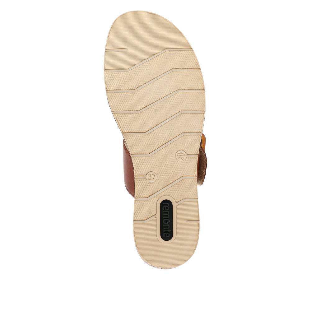 Coffee brown remonte women´s mules D3068-24 with a hook and loop fastener. Outsole of the shoe.