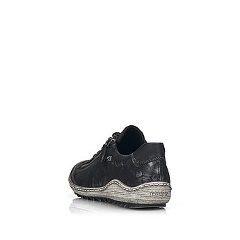 Schwarze Halbschuhe aus Lederimitat mit Reißverschluss und Schnürung, wasserabweisendem Remonte TEX und Wechselfußbett. Schuh von hinten.