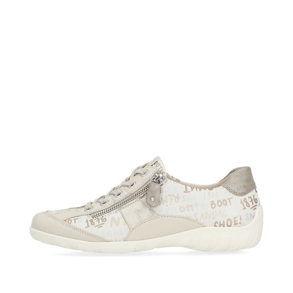 Beige remonte women´s lace-up shoes R3403-61 with a zipper and text pattern. Outside of the shoe.