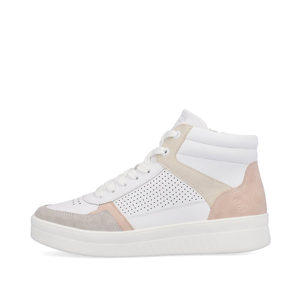 Macchiato white remonte women´s sneakers D0J70-80 with a zipper and perforated look. Outside of the shoe.