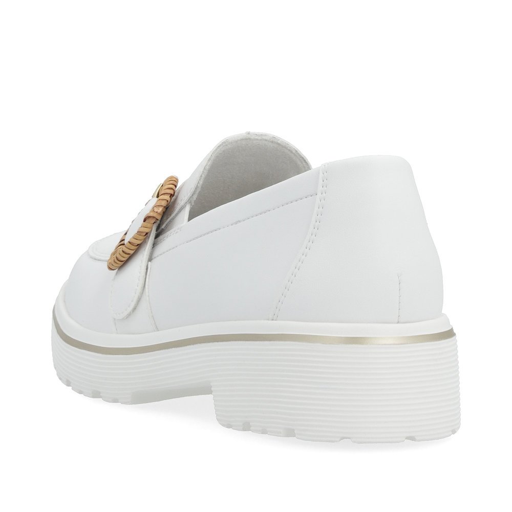 White remonte women´s loafers D1H00-80 with elastic insert and fashionable brooch. Shoe from the back.