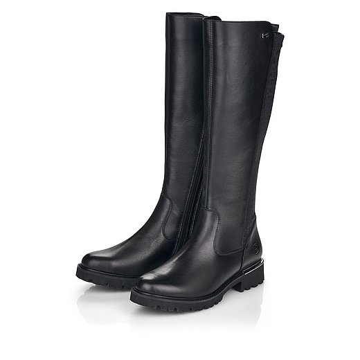 Schwarze Stiefel leicht wärmend aus Glattleder mit Reißverschluss, wasserabweisendem Remonte TEX, Stretch-Einsatz im Wadenbereich und Wechselfußbett. Schuhe seitlich schräg. 