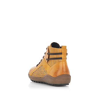 Gelbe Stiefeletten aus Glattleder mit Reißverschluss und Schnürung und Wechselfußbett. Schuh von hinten.