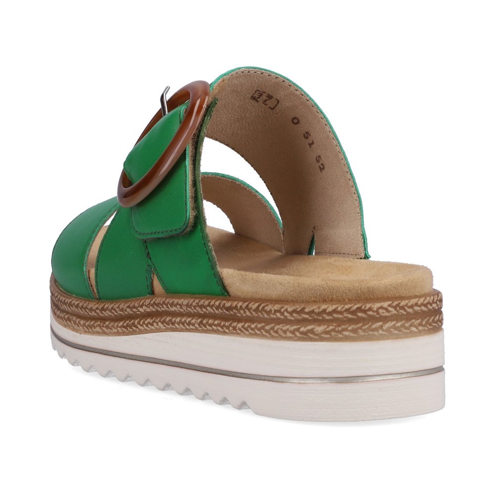 Emerald green remonte women´s mules D0Q51-52 with a hook and loop fastener. Shoe from the back.