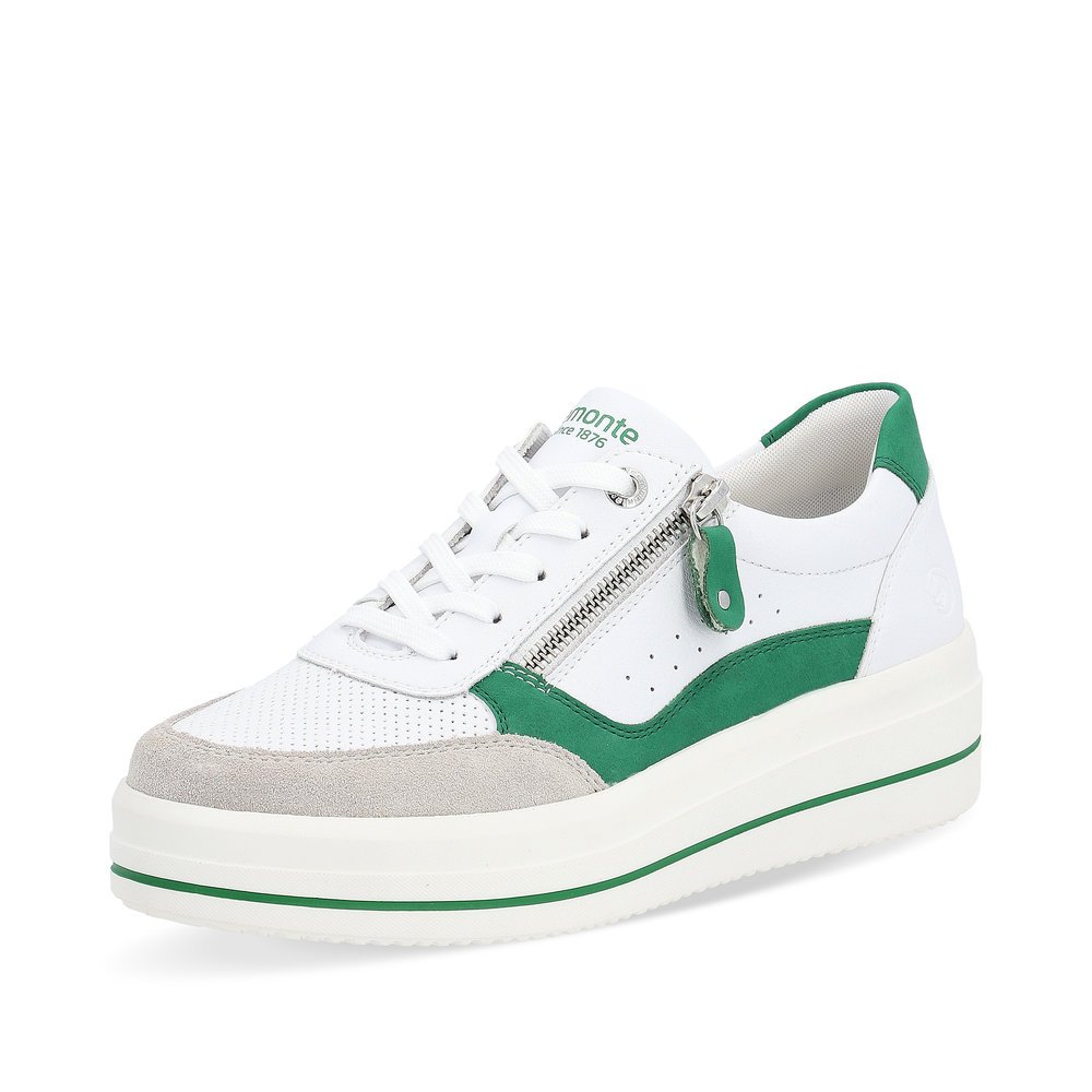 White remonte women´s sneakers D1C00-80 with zipper and comfort width G. Shoe laterally.