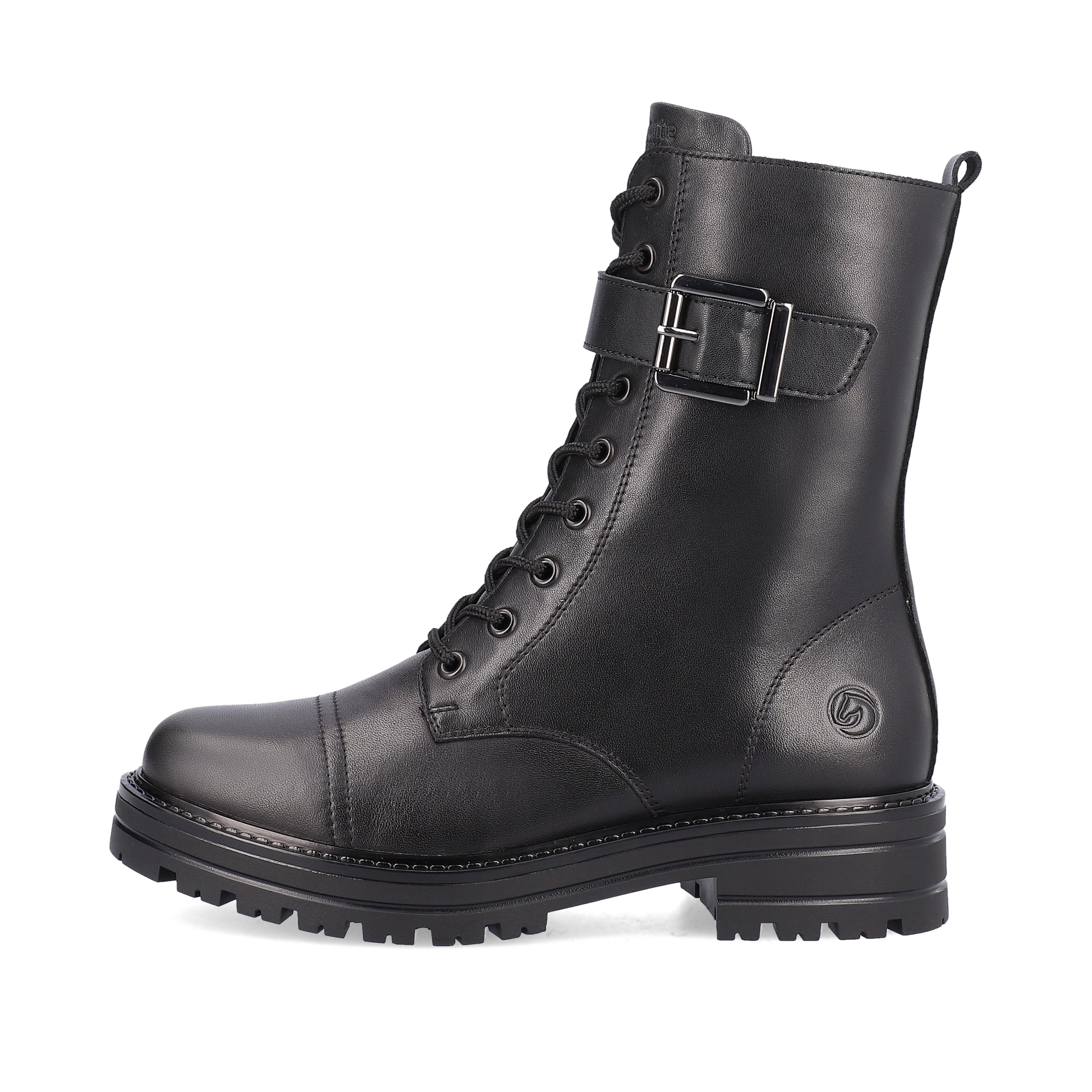 Midnight black remonte women´s biker boots D2283-01 with cushioning profile sole. The outside of the shoe