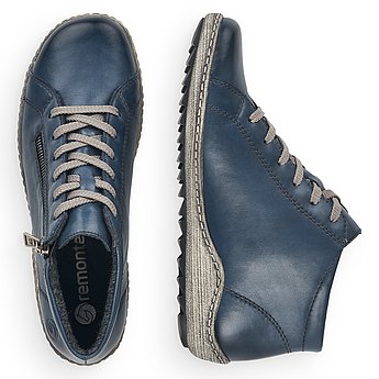 Blaue Kurzstiefel leicht wärmend aus Glattleder mit Reißverschluss und Schnürung, wasserabweisendem Remonte TEX und Wechselfußbett. Schuhe Innenseite.