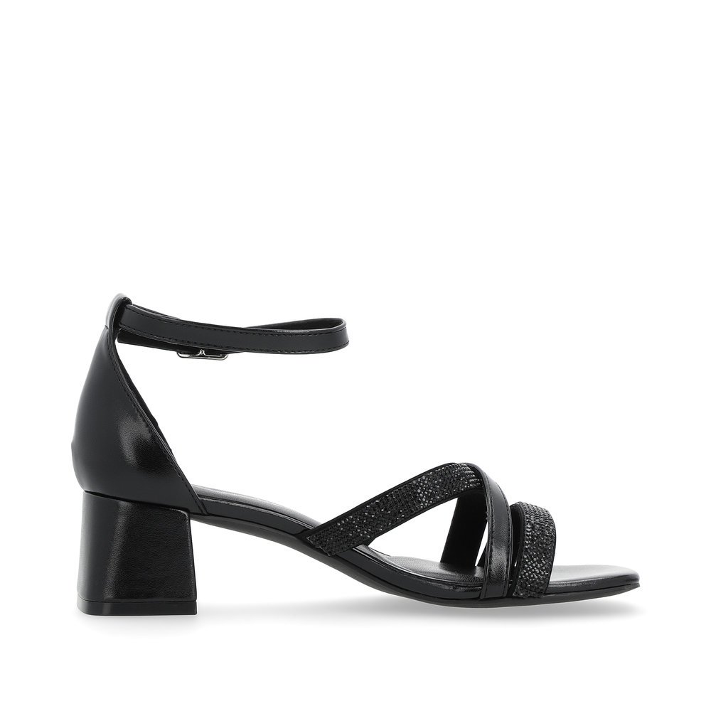 Black vegan remonte women´s strap sandals D1L51-00 with buckle and soft cover sole. Shoe inside.