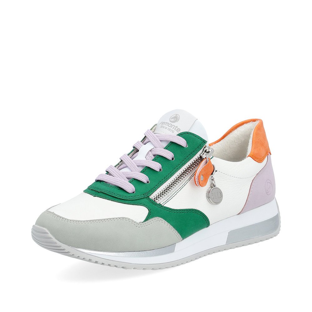 Weiße remonte Damen Sneaker D0H01-83 mit Reißverschluss sowie Reißverschluss. Schuh seitlich schräg.