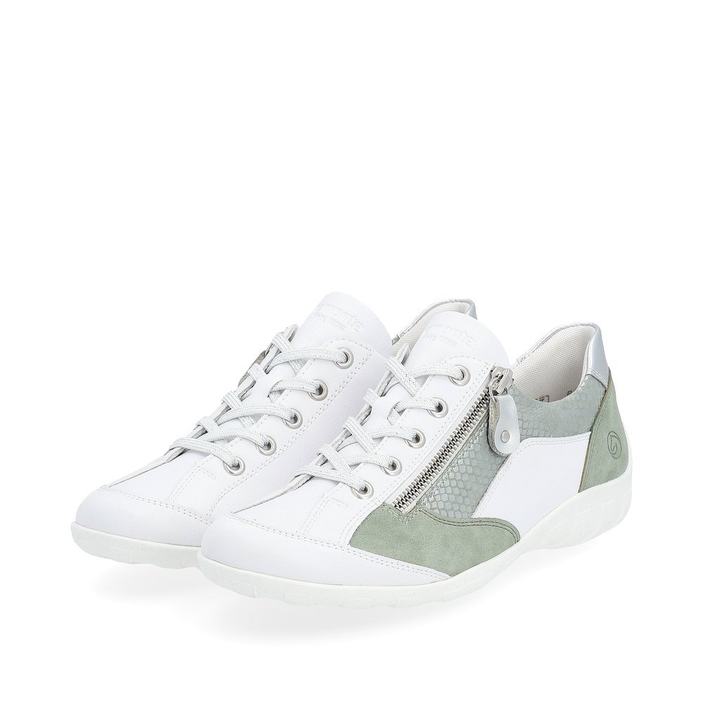 Pure white remonte women´s lace-up shoes R3410-80 with zipper and comfort width G. Shoes laterally.