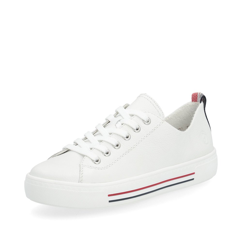 remonte baskets blanches femmes D0900-80 avec lacets et largeur confort G. Chaussure inclinée sur le côté.