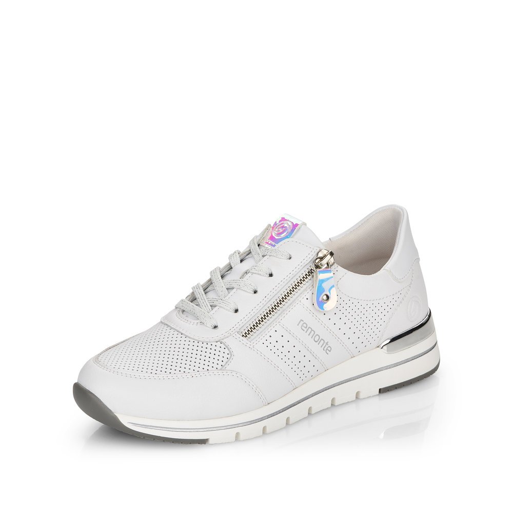 Pure white remonte women´s sneakers R6705-80 with zipper and comfort width G. Shoe laterally.