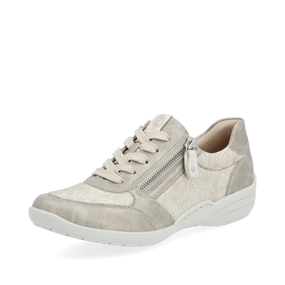 Beige remonte women´s lace-up shoes R7637-60 with zipper and extra width H. Shoe laterally.