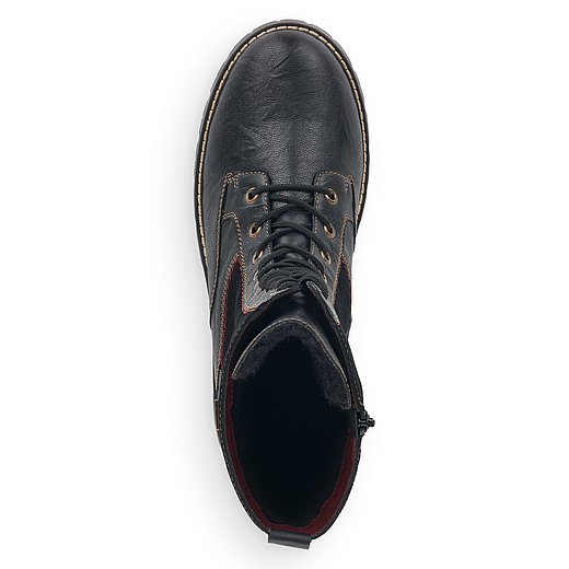 Schwarze Stiefeletten warm gefüttert aus Lederimitat mit Reißverschluss und Schnürung, wasserabweisendem Remonte TEX und Wechselfußbett. Schuh von oben. 