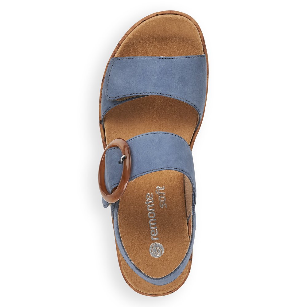 Ocean blue remonte women´s strap sandals R6853-14 with hook and loop fastener. Shoe from the top.