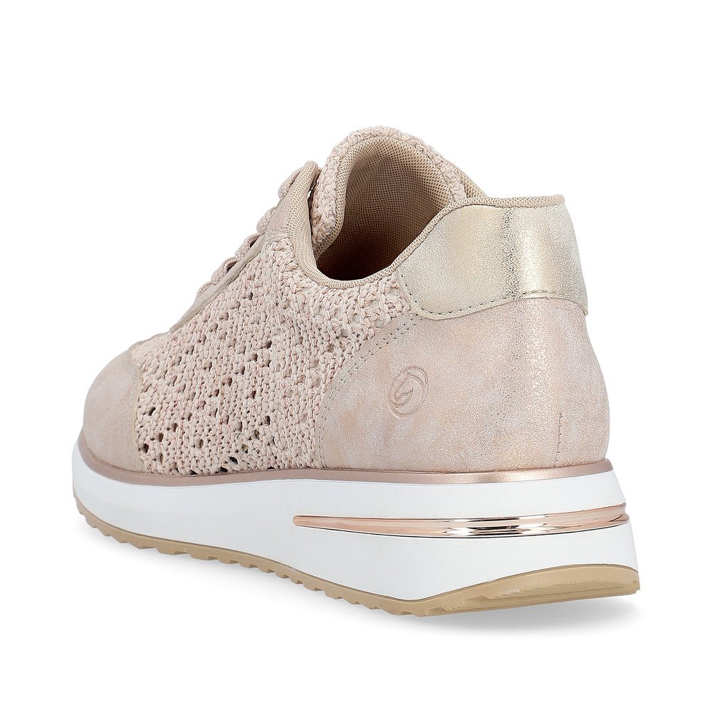 Pink remonte women´s sneakers D1G04-31 with a lacing and perforated look. Shoe from the back.