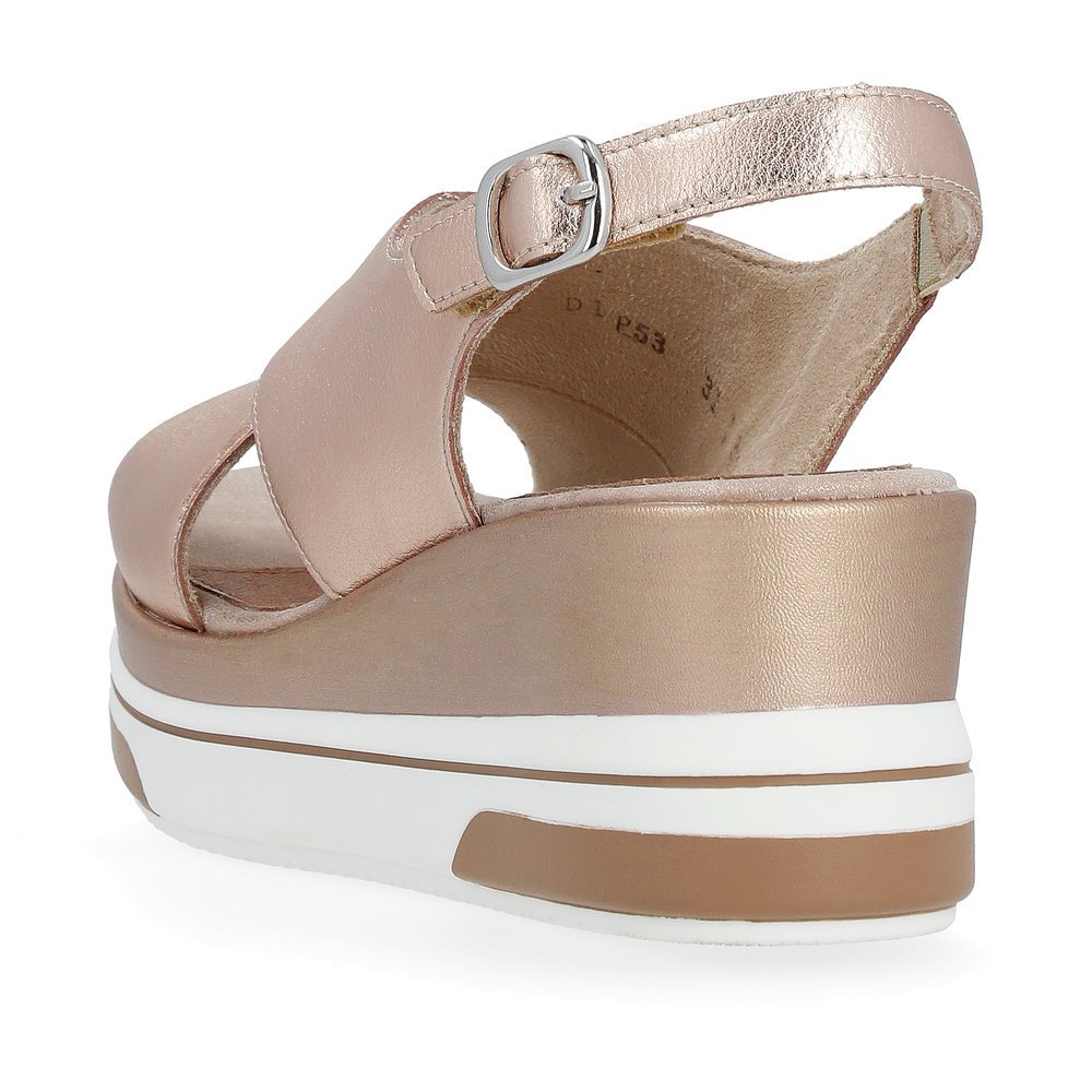 Metallic pink remonte women´s wedge sandals D1P53-31 with hook and loop fastener. Shoe from the back.