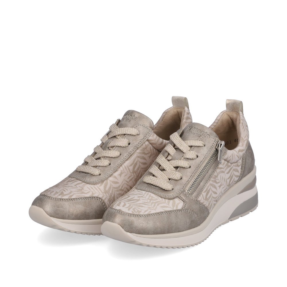Beige remonte women´s sneakers D2401-60 with zipper and tropical pattern. Shoes laterally.