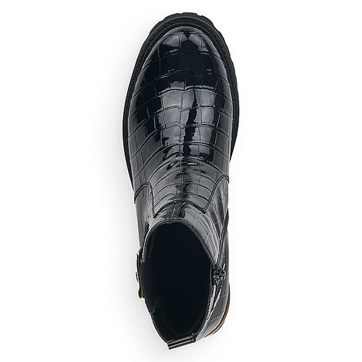 Schwarze Stiefeletten leicht wärmend aus Kunstlack mit Reißverschluss und Wechselfußbett. Schuh von oben. 