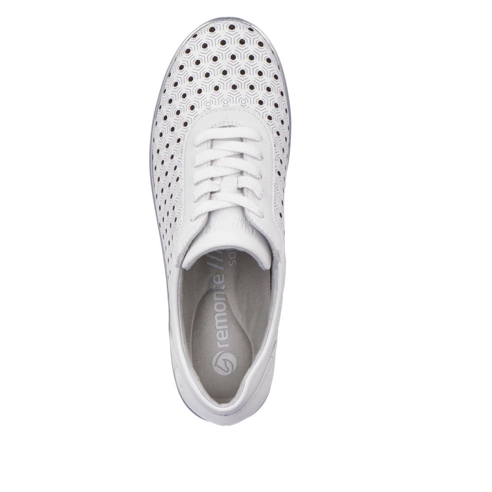White remonte women´s sneakers R7217-80 with a lacing and perforated look. Shoe from the top.