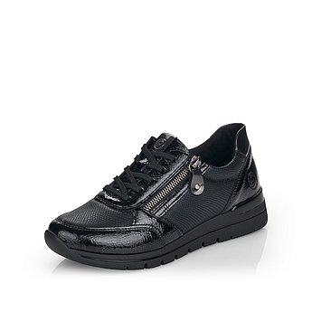 Schwarze Halbschuhe aus Lederimitat mit Reißverschluss und Schnürung und Wechselfußbett. Schuh seitlich schräg.