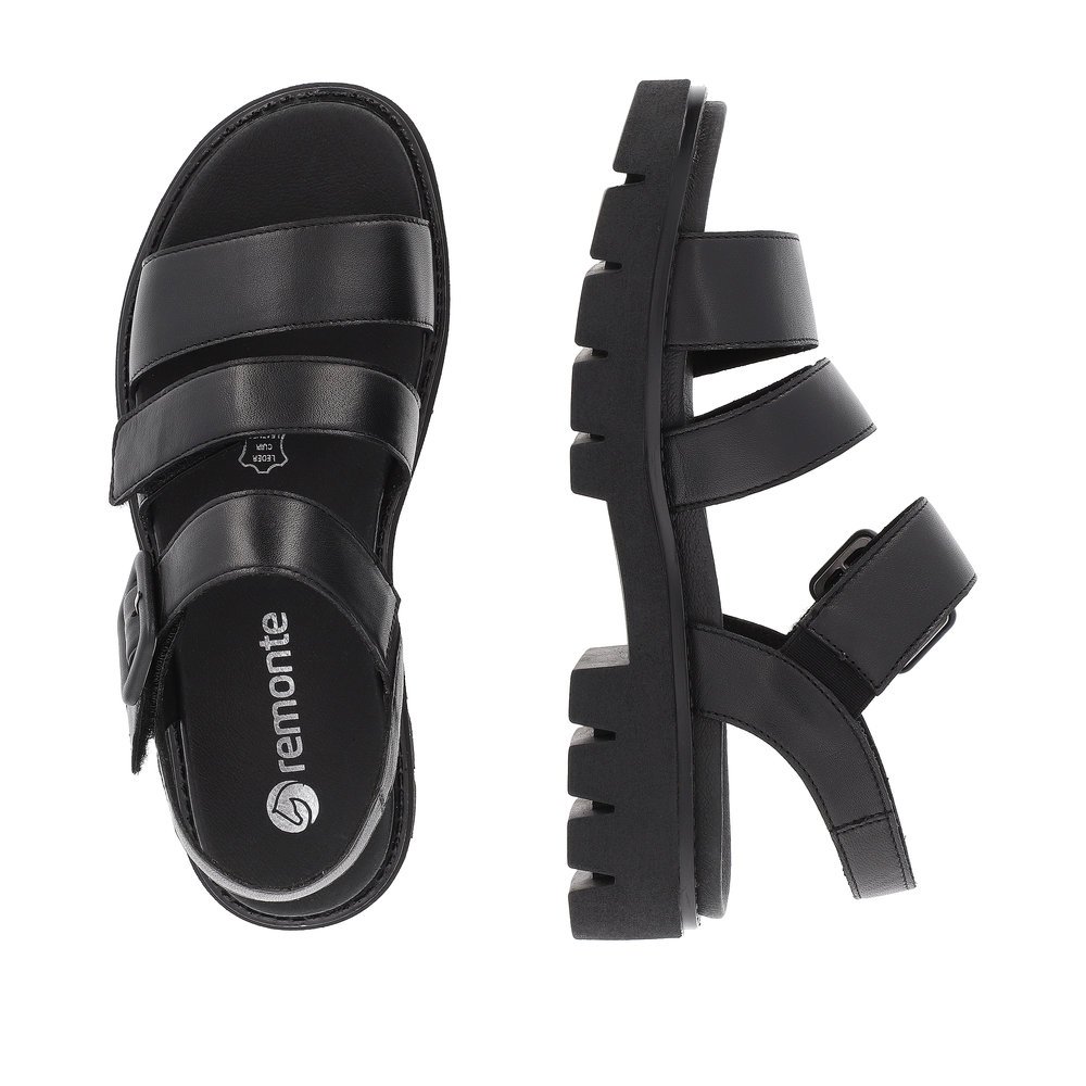 Black remonte women´s strap sandals D7957-00 with hook and loop fastener. Shoe from the top, lying.