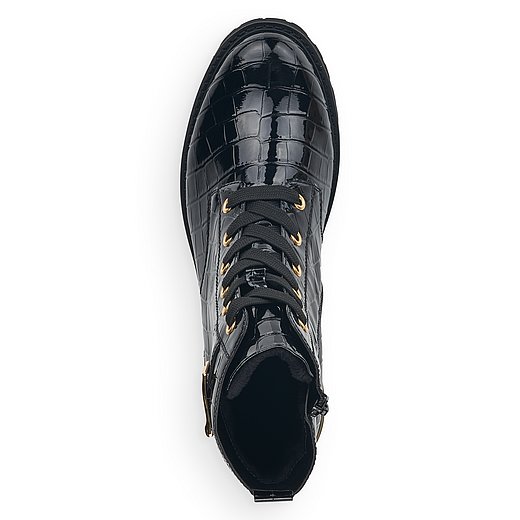 Schwarze Stiefeletten leicht wärmend aus Kunstlack mit Reißverschluss und Schnürung und Wechselfußbett. Schuh von oben. 