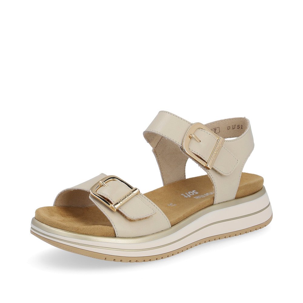 Light beige remonte women´s strap sandals D1J51-80 with hook and loop fastener. Shoe laterally.
