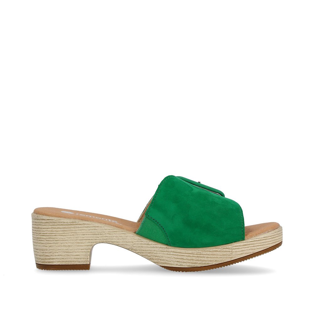 Emerald green remonte women´s mules D0N56-52 with hook and loop fastener. Shoe inside.